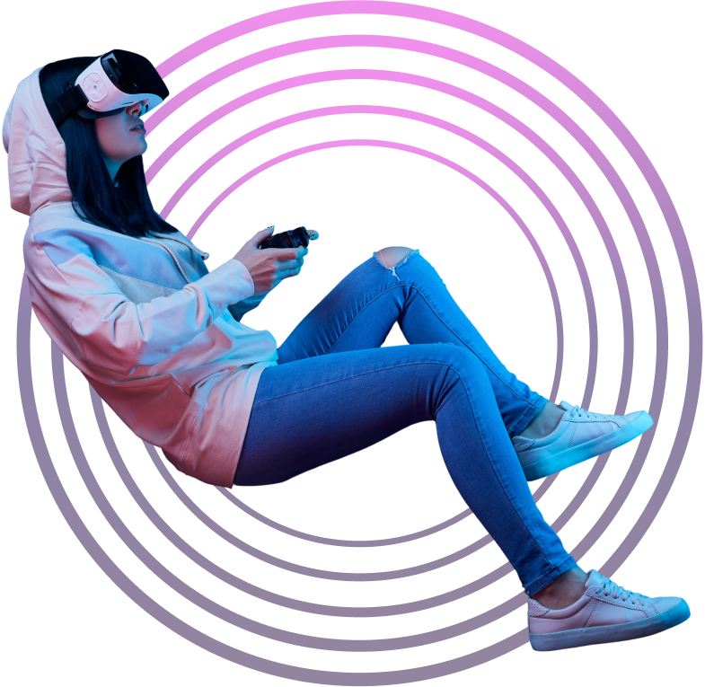 Person using VR headset and controller, floating.