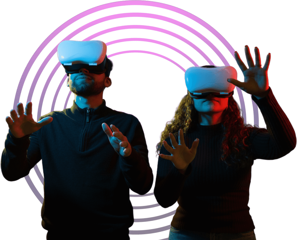 People using VR headsets with circular background.