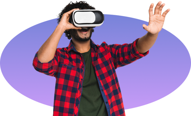 Person using virtual reality headset, reaching out.